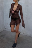 Brown Sexy Solid Lace See-through V Neck Asymmetrical Dresses(Without Belt)
