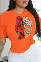 T-shirts à col rond en patchwork de tête de mort orange à imprimé de base décontractée