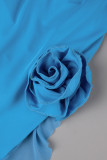 Blauwe sexy effen frenulum rugloze strapless onregelmatige jurkjurken