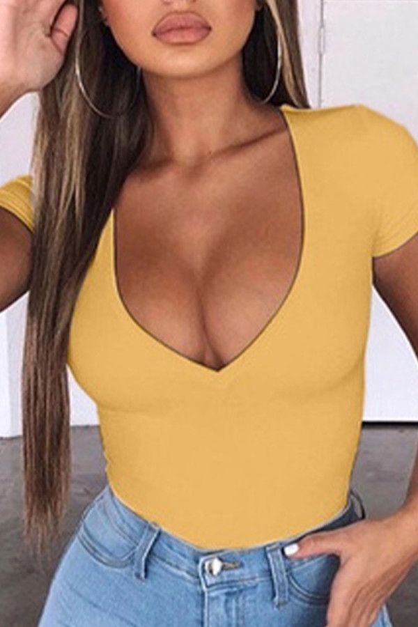 Yellow Casual Solid Patchwork V Neck T-Shirts