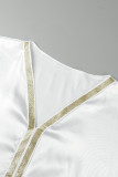 Weiße, lässige, bedruckte, asymmetrische, unregelmäßige Patchwork-Kleider mit V-Ausschnitt