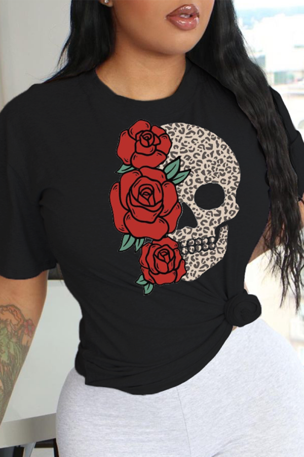Black Casual Basis Print Skull Patchwork O Neck T-Shirts