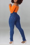 Donkerblauwe casual effen uitgeholde Frenulum skinny jeans met hoge taille