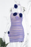 Фиолетовое сексуальное однотонное платье в стиле пэчворк с открытой спиной и без бретелек без рукавов Платья