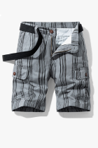 Light Gray Casual Striped Patchwork Straight Mid Waist Straight Full Print Shorts