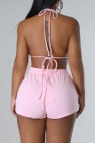 Pink Sexy Print Bandage Patchwork Backless Halter Sin mangas Dos piezas
