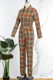 Orange Casual Plaid Print Patchwork Turndown Collar Regular Jumpsuits (Subject To The Actual Object)