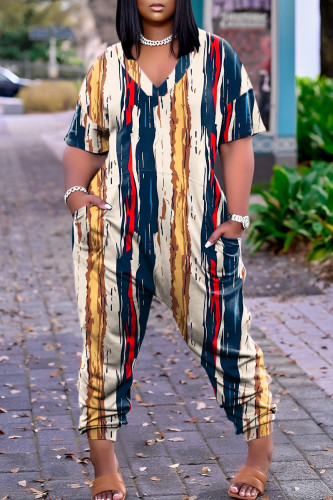 Apricot Casual Print Patchwork V Neck Regular Jumpsuits