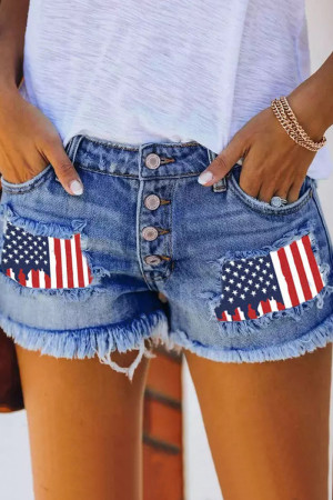 Blue Casual Print Patchwork Mid Waist Skinny Denim Shorts