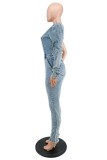 ベイビーブルー カジュアル ソリッド パッチワーク バックレス 斜め襟 長袖 レギュラー デニム ジャンプスーツ