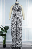 Zwart Wit Sexy Casual Print Backless Halter Plus Size Jumpsuits