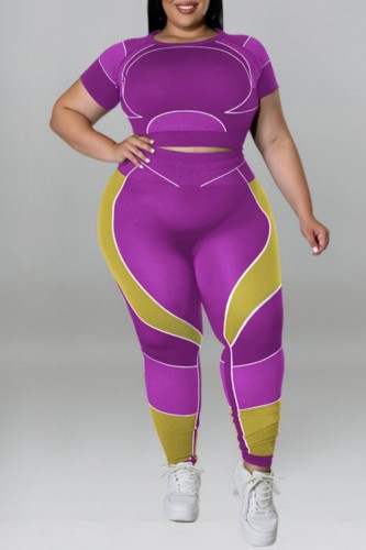 Purple Casual Print Basic O Neck Plus Size Two Pieces