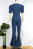 The cowboy blue Casual Solid Hollowed Out Patchwork V Neck Regular Jumpsuits