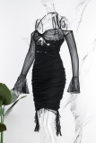 Zwarte sexy effen uitgeholde patchwork backless off-shoulder jurken met lange mouwen