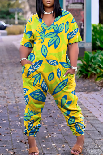 Yellow Casual Print Patchwork V Neck Regular Jumpsuits