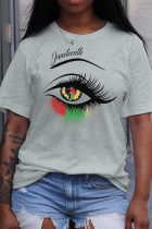 Gris Casual Street Eyes Impreso Patchwork O Cuello Camisetas