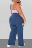 Donkerblauwe casual vlindergeborduurde regular denim jeans met hoge taille