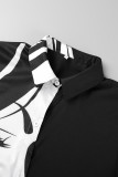 Zwarte Sexy Casual Elegante Print Knopen V-hals Shirt Jurk Jurken