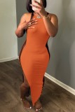 Tangerine Red Sexy Solid Patchwork See-through Slit O Neck Long Dress Robes