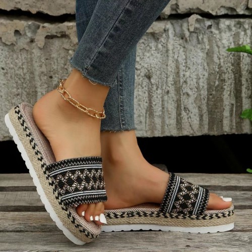 Black Casual Patchwork Round Comfortable Wedges Shoes