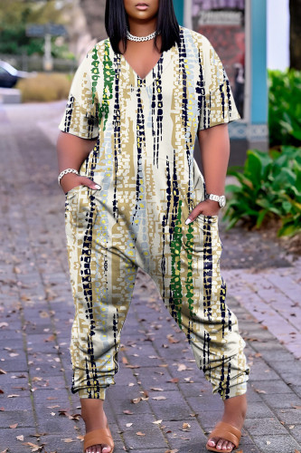 Khaki Casual Print Patchwork V Neck Regular Jumpsuits