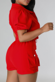 Red Sexy Solid Patchwork Turndown Collar Short Sleeve Two Pieces