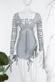 Grå Sexig Casual Street Solid urholkad slitsrem Design U-hals långärmade klänningar