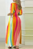 Vestidos compridos com gola em patchwork estampados coloridos casuais
