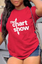 Camisetas con cuello en O de letras de patchwork con estampado diario casual rojo