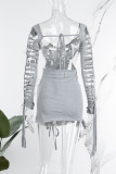 Grey Sexy Casual Street Solid Hollowed Out Slit Strap Design U Neck Long Sleeve Dresses
