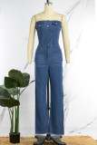 Blauw Sexy Casual Effen Patchwork Ruglooze Strapless Mouwloos Hoge taille Normale denim jumpsuits