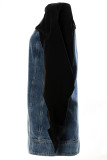 Blau-schwarze Street-Color-Klumpen-Patchwork-Knöpfe, O-Ausschnitt, lange Ärmel, normale Denim-Kleider