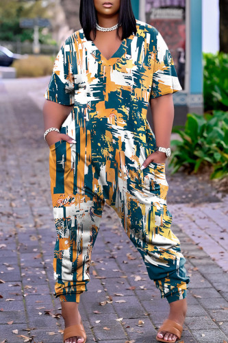 Orange Casual Print Patchwork V Neck Regular Jumpsuits