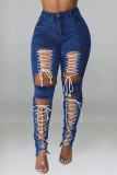 Black Casual Solid Hollowed Out Frenulum High Waist Criss Cross Bow Tie Destroyed Skinny Denim Jeans