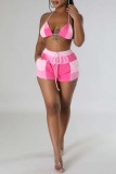 Pink Sexy Print Bandage Patchwork Backless Halter Sin mangas Dos piezas