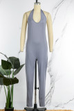 Grey Sexy Solid Backless Halter Skinny Jumpsuits