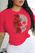 Rote, lässige Basis-Print-Totenkopf-Patchwork-T-Shirts mit O-Ausschnitt
