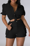Red Sexy Solid Patchwork Turndown Collar Short Sleeve Two Pieces