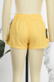 Gelbe, lässige, einfarbige, einfarbige Hose mit Patchwork-Tasche und Reißverschluss und hoher Taille