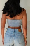Blue Sexy Solid Backless Asymmetrical Strapless Sleeveless Denim Tops
