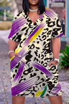 Пурпурное повседневное платье с коротким рукавом и V-образным вырезом в стиле пэчворк с принтом