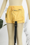 Gelbe, lässige, einfarbige, einfarbige Hose mit Patchwork-Tasche und Reißverschluss und hoher Taille