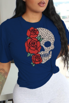 Marineblaue lässige T-Shirts mit Totenkopf-Patchwork und O-Ausschnitt
