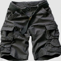 Pantalones cortos casual de color sólido recto de cintura alta con bolsillo de patchwork sólido negro gris