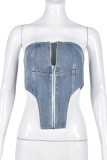 Blå sexig solid rygglös asymmetrisk axelbandslös jeanströjor