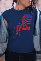 Marineblauwe T-shirts met patchwork en O-hals met dagelijkse basisprint