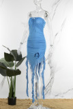 Blå Sexiga Solid Frenulum Rygglösa axelbandslösa oregelbundna klänningar