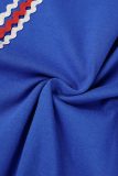 Blaues, lässiges, kurzärmliges Kleid mit Buchstabendruck und Quasten und O-Ausschnitt