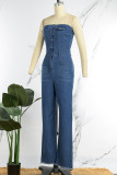 Blauw Sexy Casual Effen Patchwork Ruglooze Strapless Mouwloos Hoge taille Normale denim jumpsuits