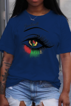 Marineblaue, lässige Street Eyes bedruckte Patchwork-T-Shirts mit O-Ausschnitt